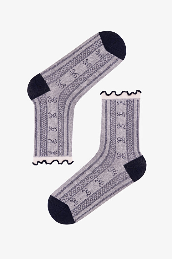 Navy Beyaz Vintage Bowtie Fiyonk Desenli Pamuklu 2 Çift Soket Çorap - 2