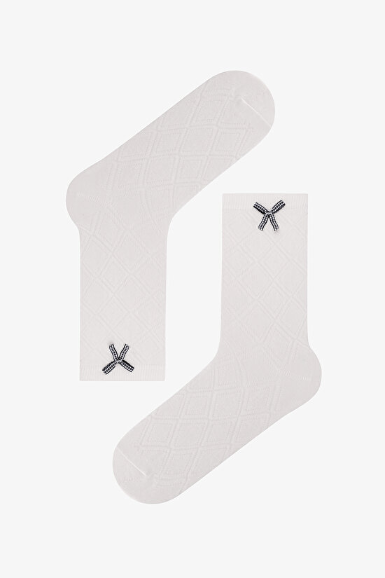 Navy Beyaz Vintage Bowtie Fiyonk Desenli Pamuklu 2 Çift Soket Çorap - 3