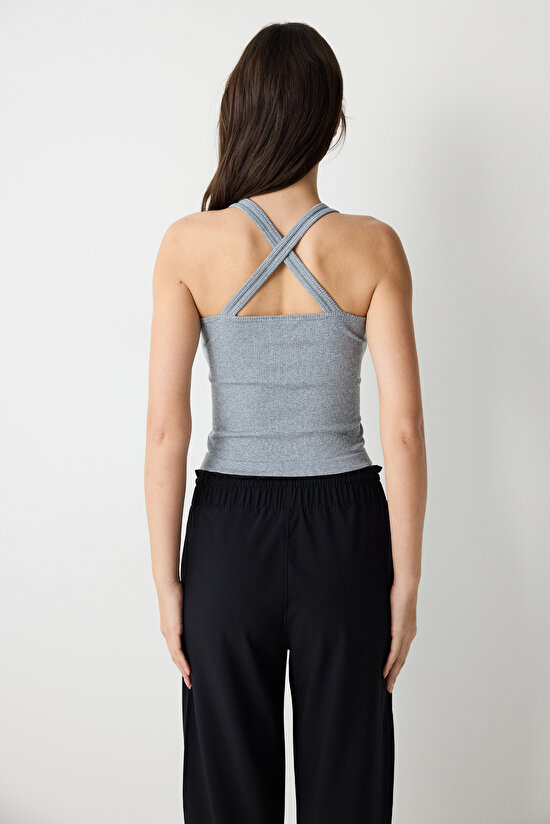 Gri Melanj V Yaka Sırt Detaylı Dikişsiz Seamless Üst - 4