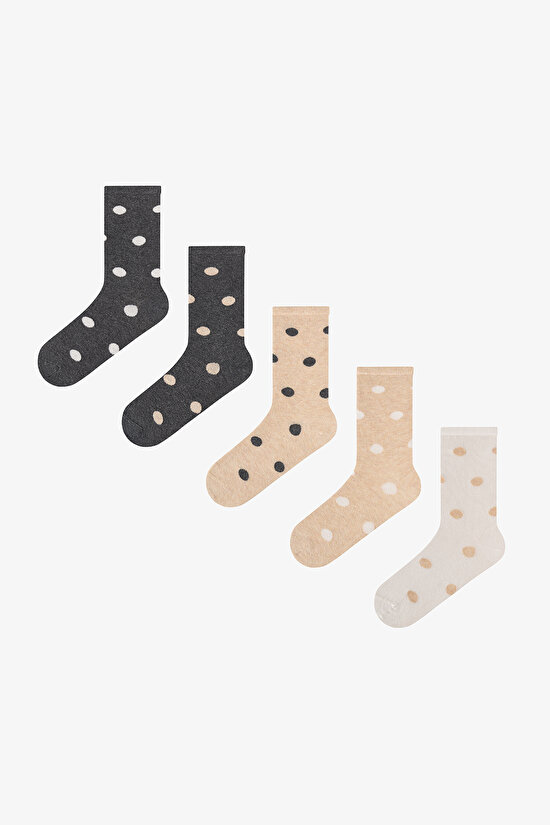 Beige Black Big Polka Dot 5 Pack Ankle Socks - 1