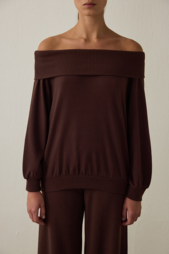 Kahverengi Uzun Kollu Rahat Kesim Kayık Yaka Üst - 5