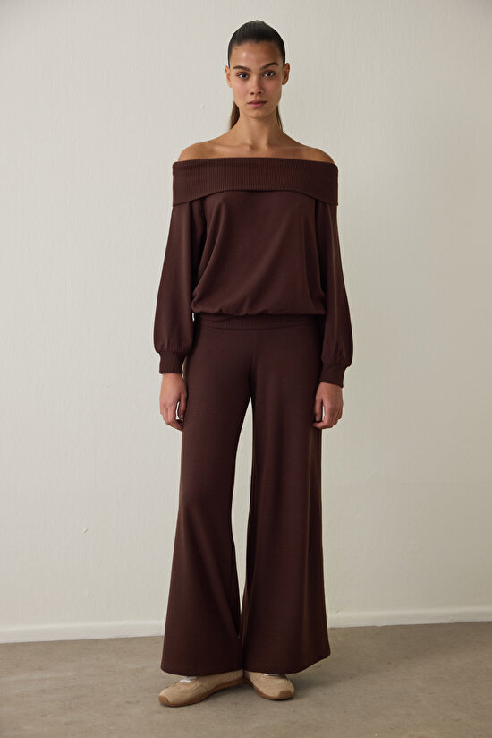 Kahverengi Uzun Kollu Rahat Kesim Kayık Yaka Üst - 6