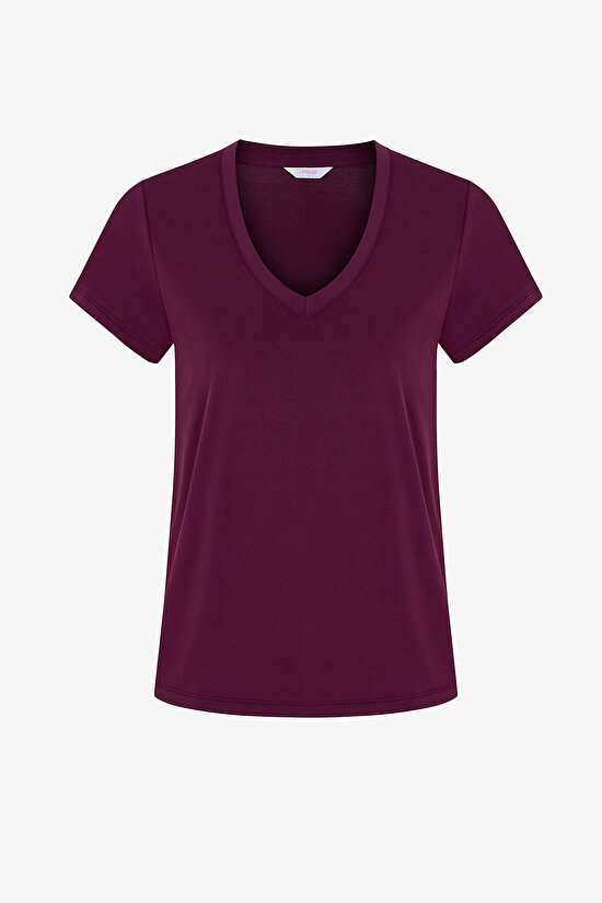 Burgundy Modal V Neck Short Sleeve T-Shirt - 1