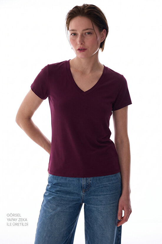 Bordo Modal V Yaka Tişört - 2
