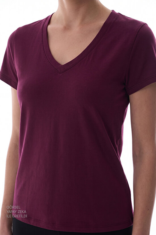 Bordo Modal V Yaka Tişört - 3