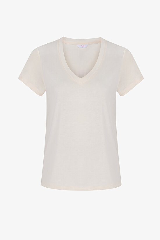 Ecru Modal V Neck Short Sleeve T-Shirt - 1