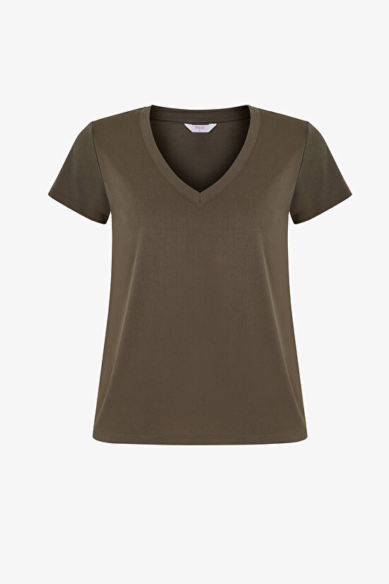 Khaki Modal V Neck Short Sleeve T-Shirt - 1