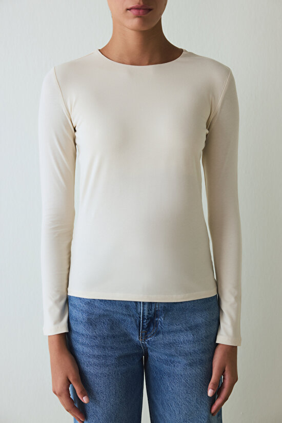 Beige Crew Neck Slim Fit Long Sleeve Top - 4