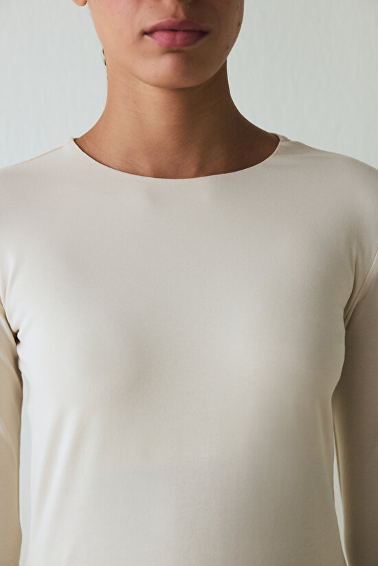 Beige Crew Neck Slim Fit Long Sleeve Top - 5