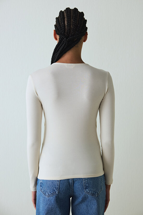 Beige Crew Neck Slim Fit Long Sleeve Top - 6