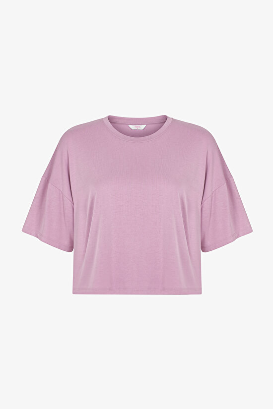 Light Lilac Modal Crop Slit T Shirt - 1
