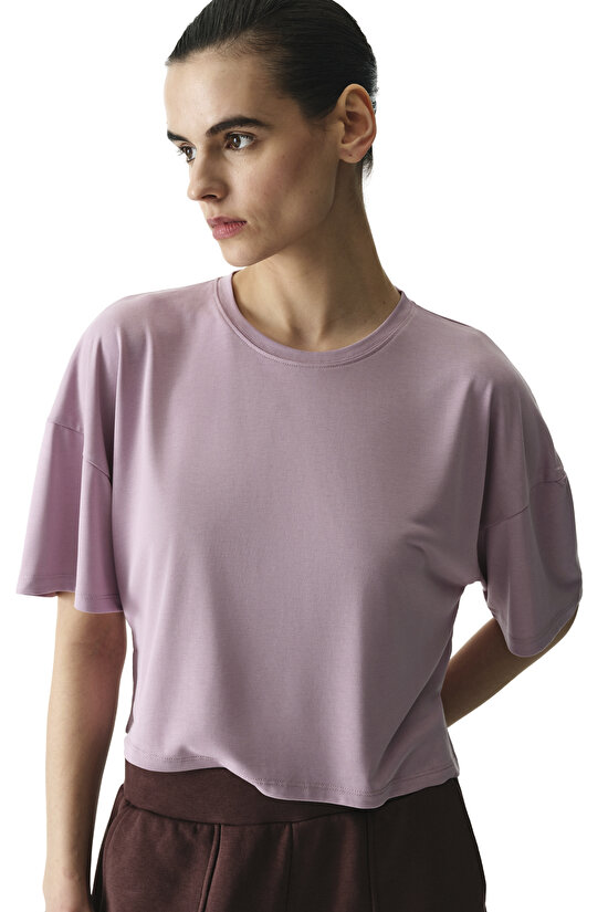 Pembe Lila Bisiklet Yaka Modal Tişört - 3