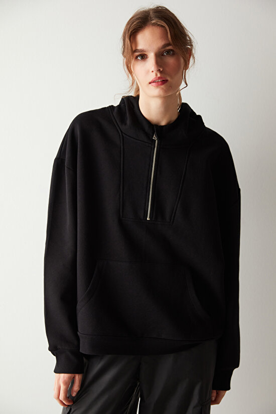 Half Zip Oversized Black Sweatshirt - 1