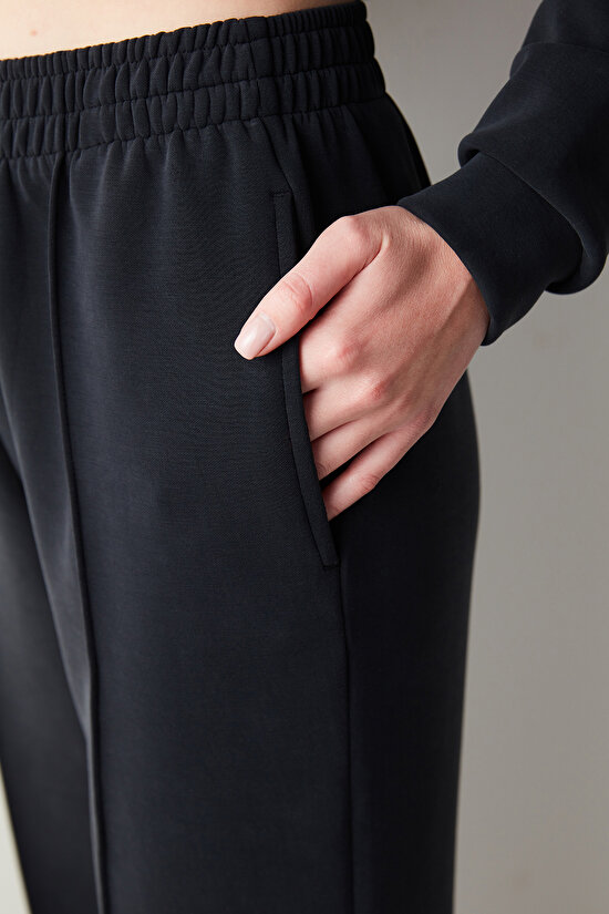 Siyah Yüksek Bel Nervür Detaylı Modal Pantolon - 2