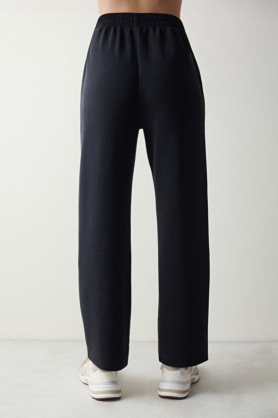 Siyah Yüksek Bel Nervür Detaylı Modal Pantolon - 3