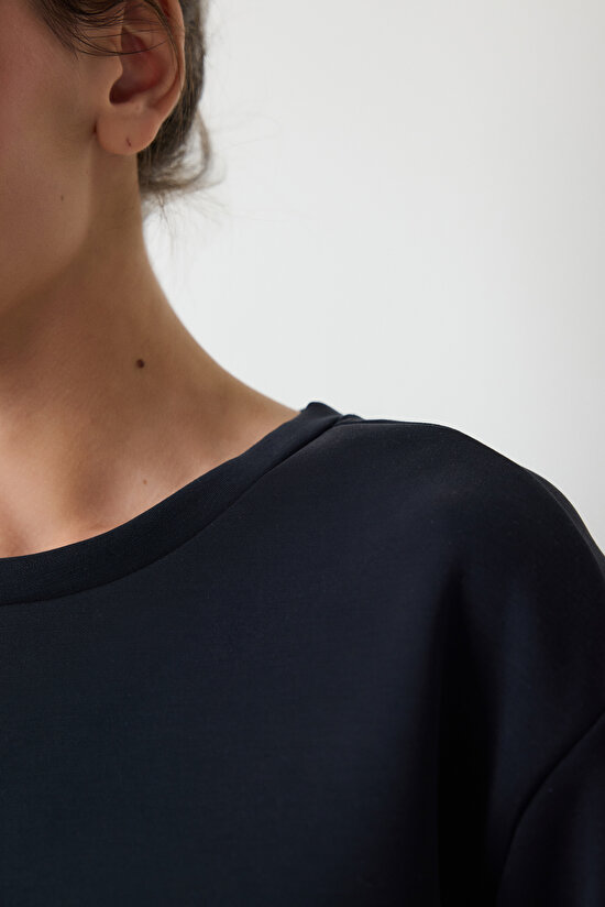 Siyah Bisiklet Yaka Oversize Modal Kısa Sweatshirt - 3