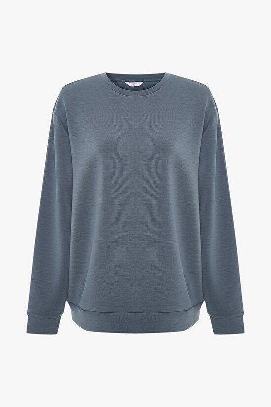 Dark Grey Crew Neck Oversize Short Modal Sweatshirt - 8