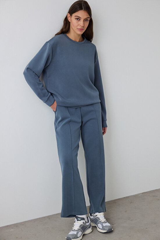 Dark Grey Crew Neck Oversize Short Modal Sweatshirt - 3