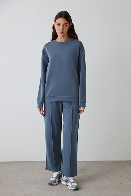 Dark Grey Crew Neck Oversize Short Modal Sweatshirt - 4