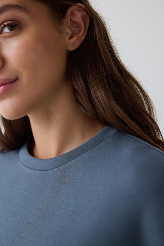 Dark Grey Crew Neck Oversize Short Modal Sweatshirt - 5