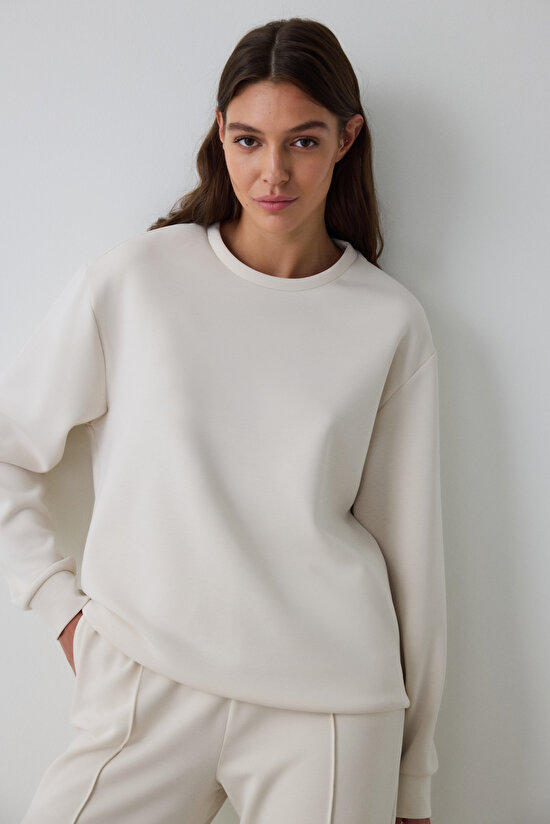 Bej Bisiklet Yaka Oversize Modal Crop Sweatshirt - 1