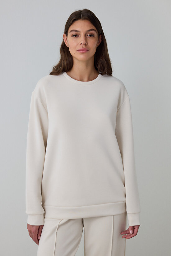 Bej Bisiklet Yaka Oversize Modal Crop Sweatshirt - 3