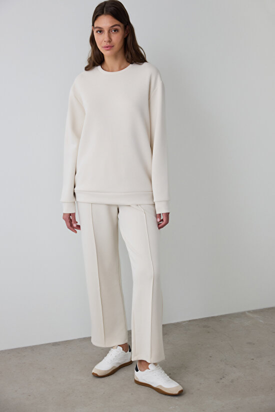 Bej Bisiklet Yaka Oversize Modal Crop Sweatshirt - 4