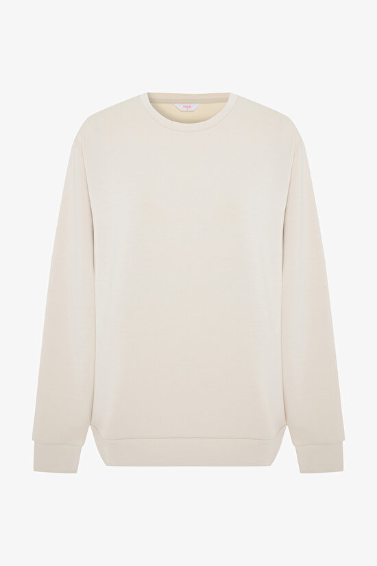 Bej Bisiklet Yaka Oversize Modal Crop Sweatshirt - 6