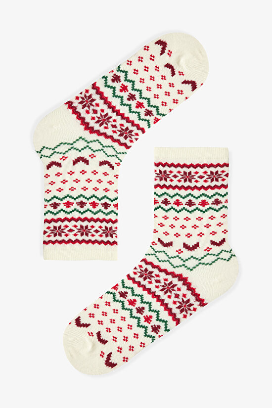 2 Çift Pamuklu Yeni Yıl Geyik ve Kar Tanesi Desenli Soket Çorap - 2
