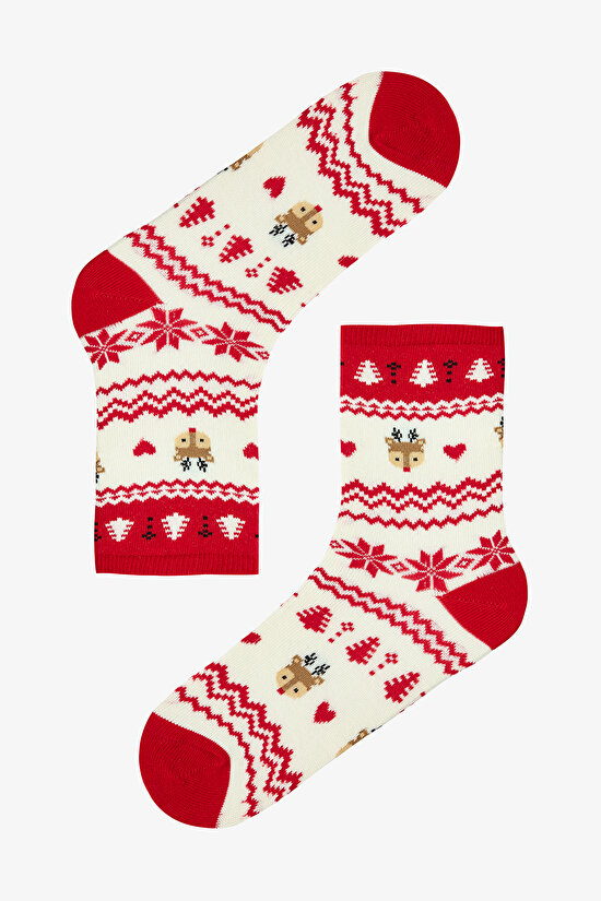 2 Çift Pamuklu Yeni Yıl Geyik ve Kar Tanesi Desenli Soket Çorap - 3