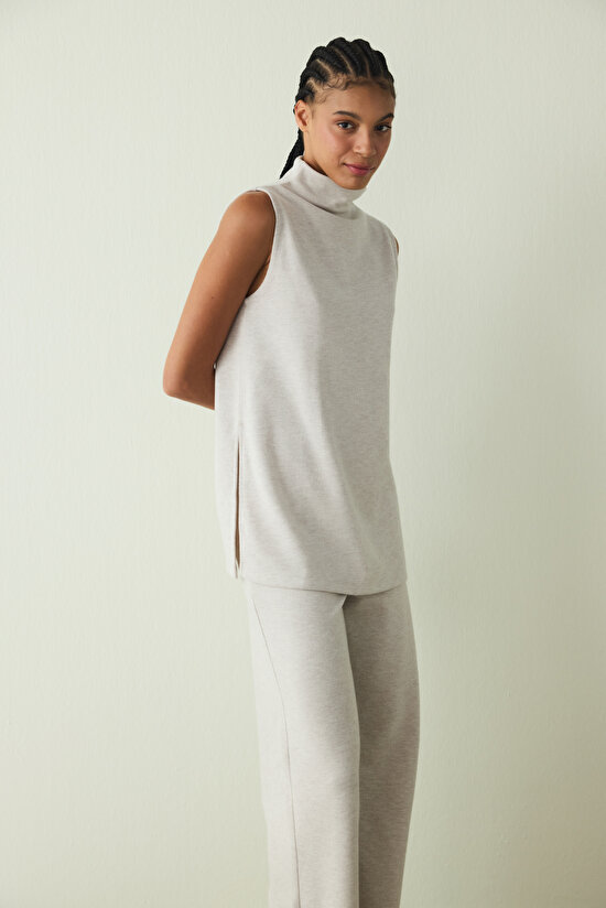 Beige Melange Crew Neck Oversize Sleeveless Top - 4