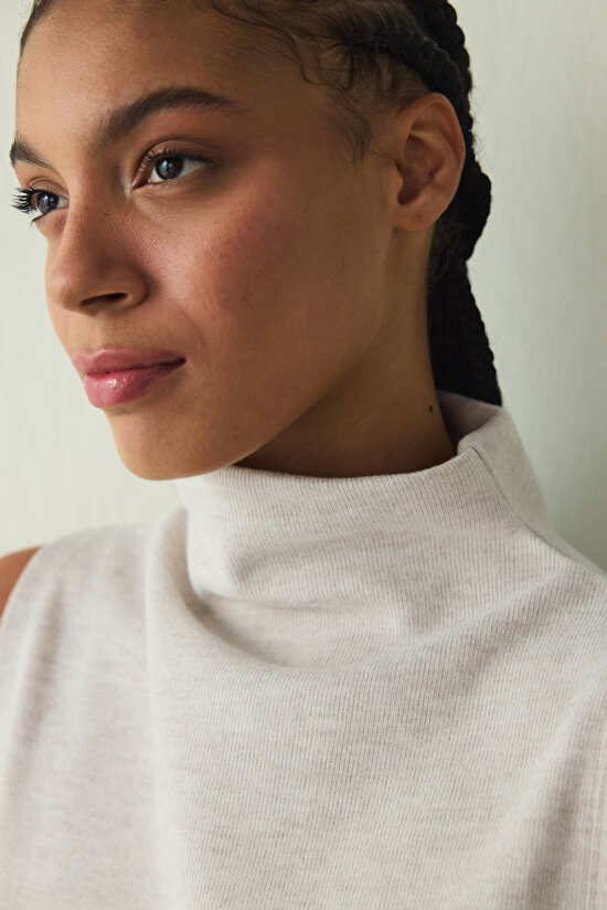 Beige Melange Crew Neck Oversize Sleeveless Top - 5