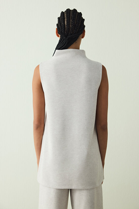 Beige Melange Crew Neck Oversize Sleeveless Top - 8