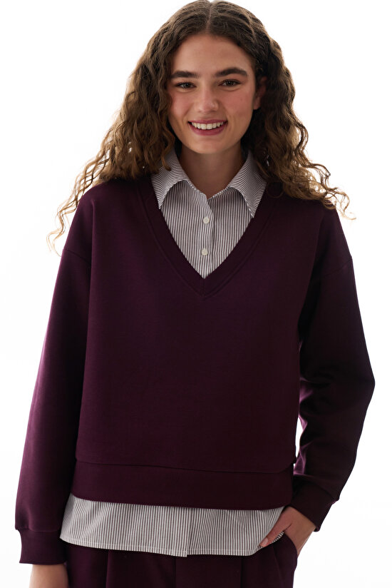 Bordo Gömlek Katmanlı Polo Yaka Sweatshirt - 2