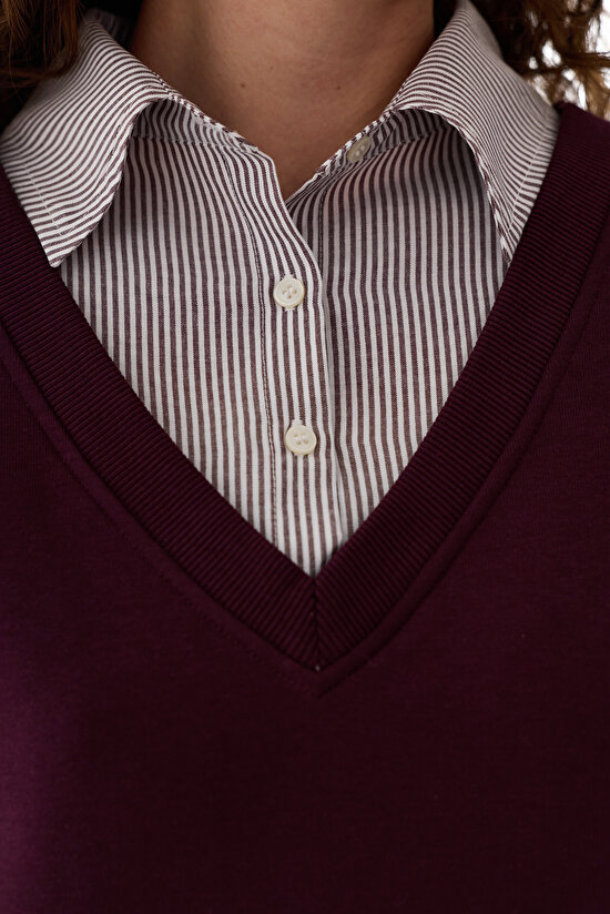 Bordo Gömlek Katmanlı Polo Yaka Sweatshirt - 3