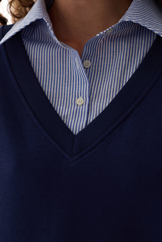 Lacivert Gömlek Katmanlı Polo Yaka Sweatshirt - 3