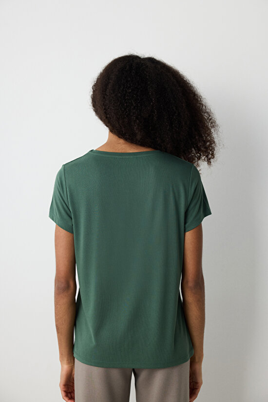 V Neck Modal Khaki T-Shırt - 3