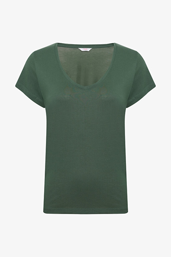 V Neck Modal Khaki T-Shırt - 4