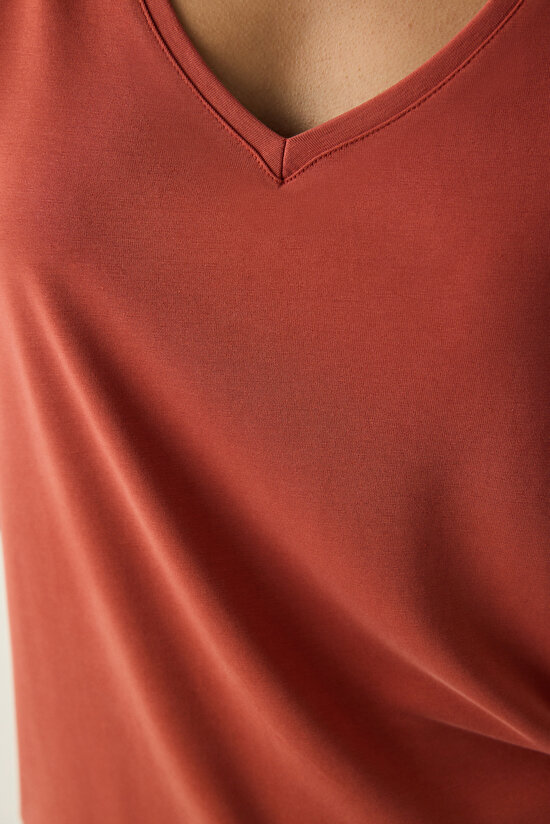 Kiremit V Yaka Regular Fit Modal Tişört - 4