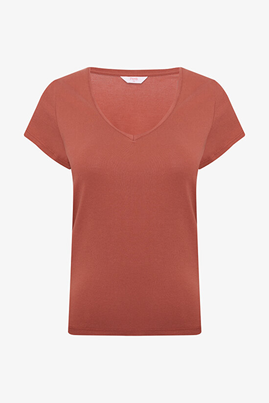 Kiremit V Yaka Regular Fit Modal Tişört - 7