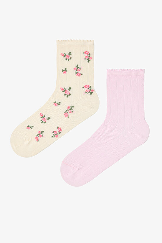 Beyaz - Açık Pembe Rosy Frill 2'li Soket Çorap - 1