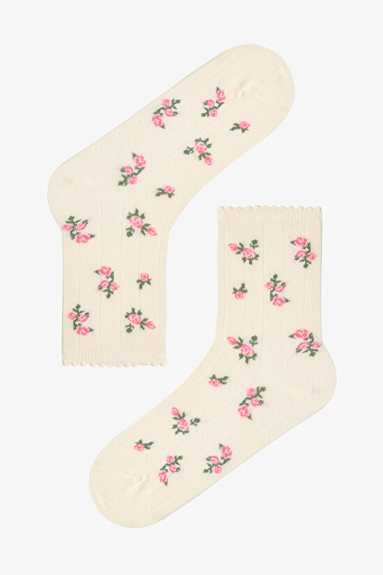 2 Pairs Cotton Floral Patterned Ruffled Socket Socks - 5