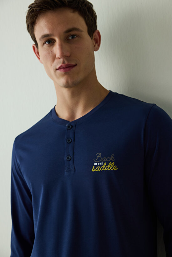 Erkek Saddle Slogan Baskılı Düğmeli Bisiklet Yaka Pamuklu Pijama Takımı - 3