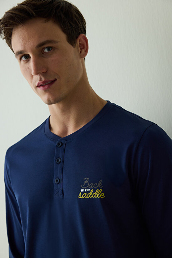 Erkek Saddle Slogan Baskılı Düğmeli Bisiklet Yaka Pamuklu Pijama Takımı - 4