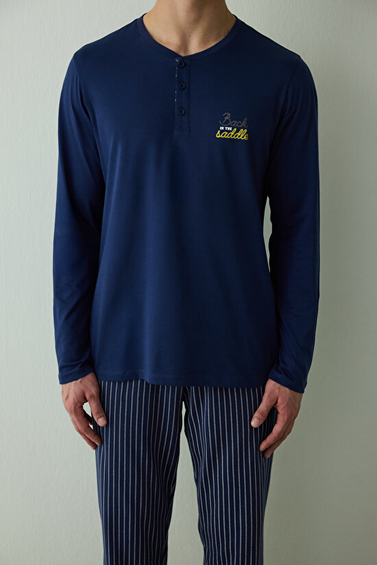 Erkek Saddle Slogan Baskılı Düğmeli Bisiklet Yaka Pamuklu Pijama Takımı - 5