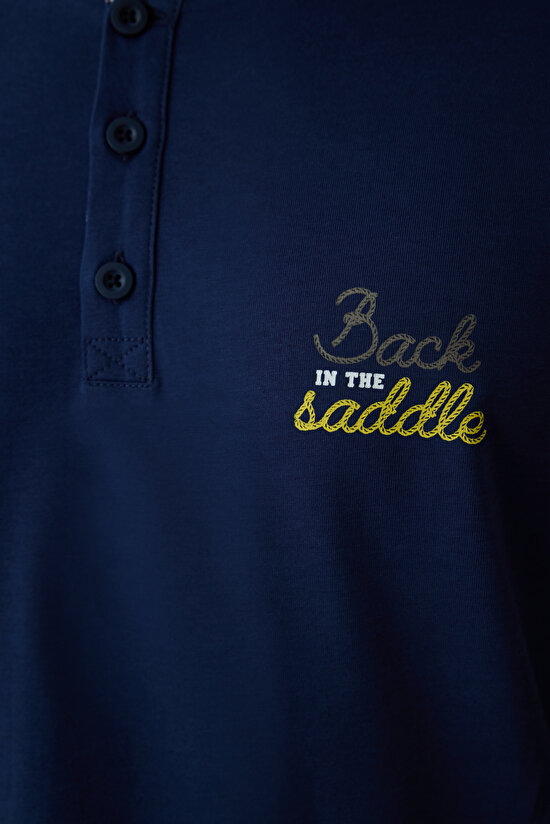 Erkek Saddle Slogan Baskılı Düğmeli Bisiklet Yaka Pamuklu Pijama Takımı - 6