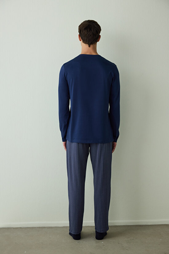 Erkek Saddle Slogan Baskılı Düğmeli Bisiklet Yaka Pamuklu Pijama Takımı - 7