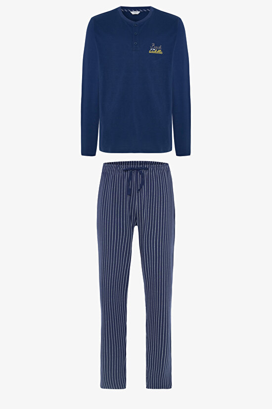 Erkek Saddle Slogan Baskılı Düğmeli Bisiklet Yaka Pamuklu Pijama Takımı - 8