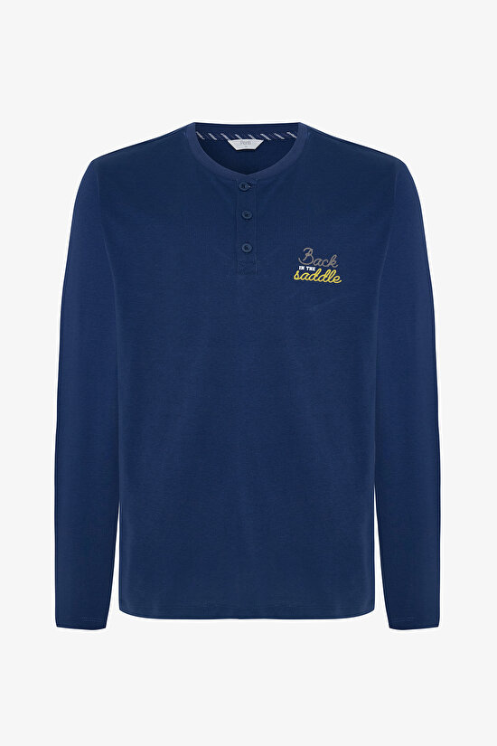 Erkek Saddle Slogan Baskılı Düğmeli Bisiklet Yaka Pamuklu Pijama Takımı - 9