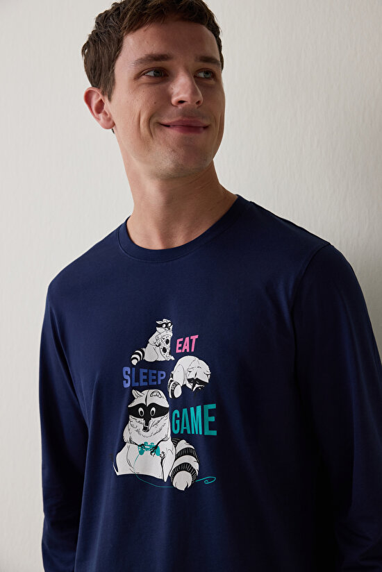 Erkek Bisiklet Yaka Hayvan Desenli Pijama Takımı - 3